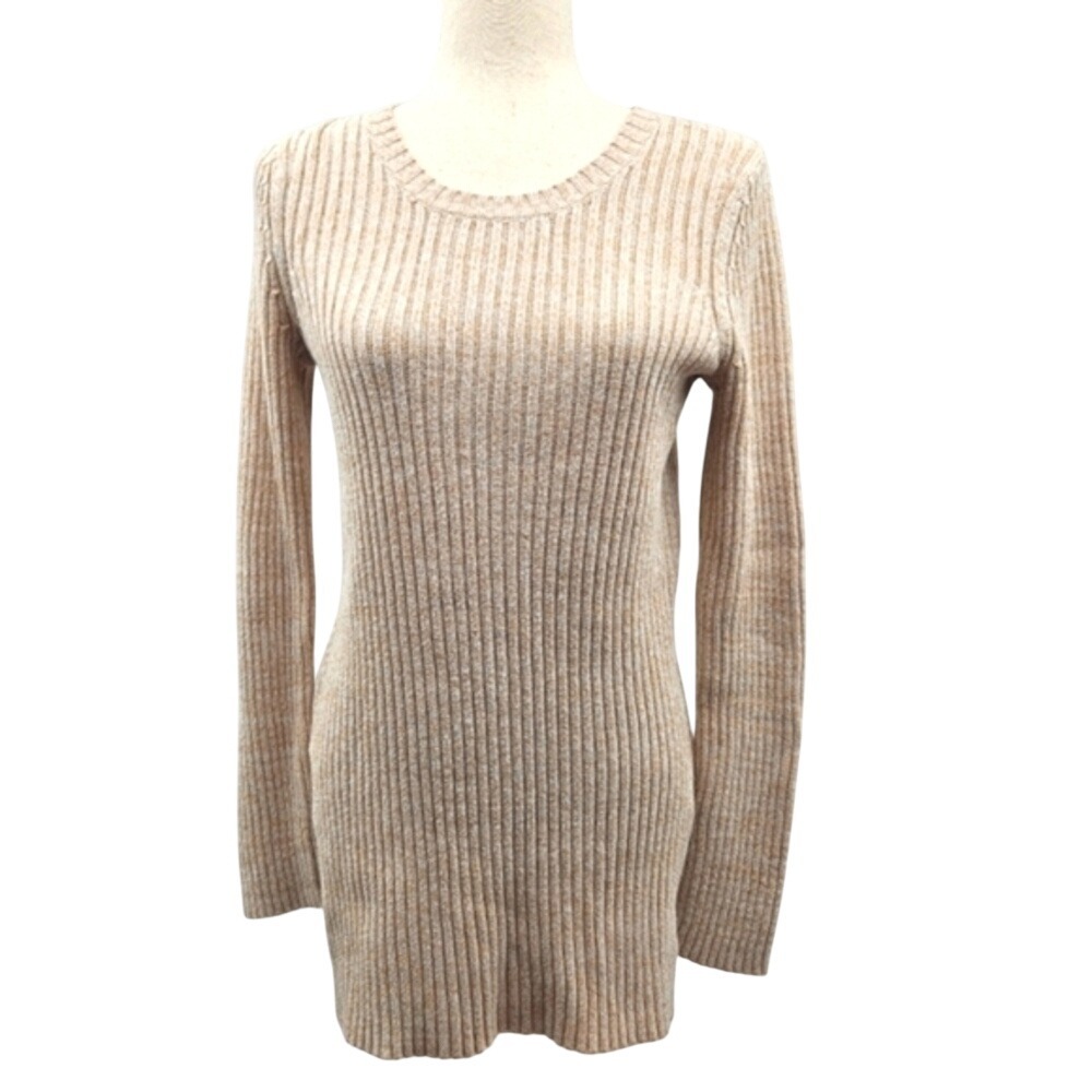 BCBGENERATION Crewneck Stretch Ribbed Sweater Nude & White Size Medium